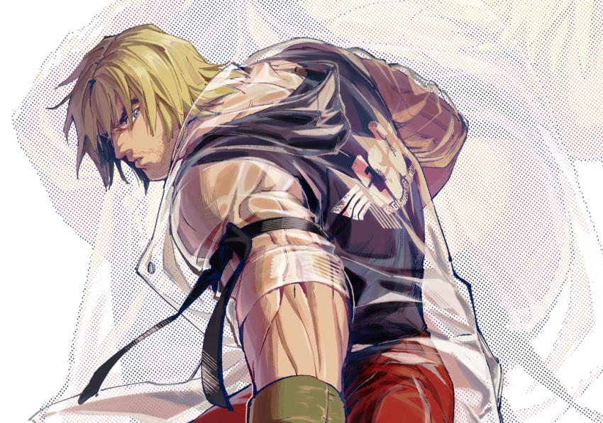 1boy alternate_costume black_tank_top blonde_hair coat facial_hair fighting_stance ken_masters looking_at_viewer male_focus mature_male muscular muscular_male open_clothes open_coat pants red_pants see-through short_hair solo street_fighter street_fighter_6 stubble tank_top thick_eyebrows transparent upper_body yuiofire