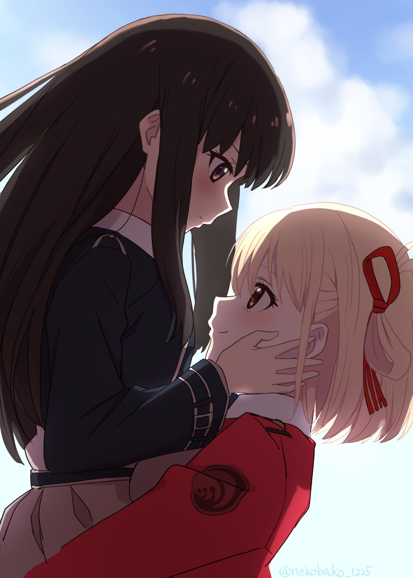 2girls absurdres bangs black_hair blonde_hair blue_dress blue_eyes blue_sky blush bob_cut closed_mouth clouds cloudy_sky day dress from_side grey_dress hair_ribbon hands_on_another's_face highres inoue_takina lifting_person light_frown long_hair long_sleeves looking_at_another lycoris_recoil lycoris_uniform multiple_girls nishikigi_chisato omochi_inu_nekobako outdoors pleated_dress red_dress red_eyes red_ribbon ribbon short_hair sky smile straight_hair twitter_username two-tone_dress uniform yuri
