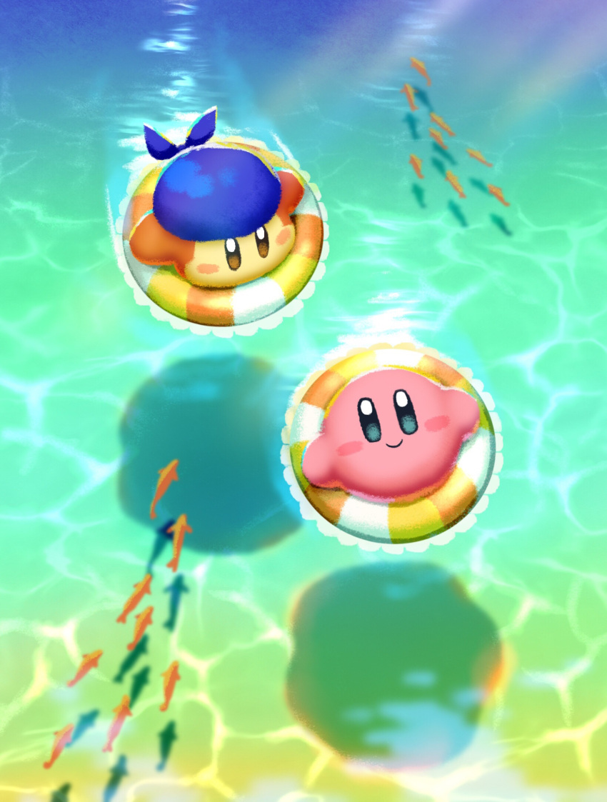 aruco_co bandana bandana_waddle_dee blue_bandana blue_eyes blush blush_stickers brown_eyes caustics closed_mouth commentary_request fish from_above highres innertube kirby kirby_(series) kirby_and_the_forgotten_land looking_at_another looking_at_viewer looking_up no_humans shadow smile water