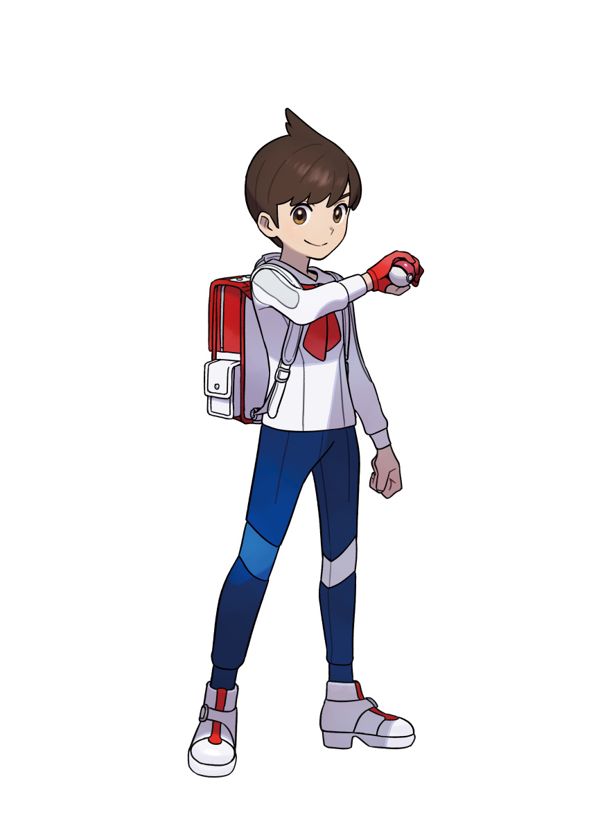 1boy absurdres arm_at_side arm_up artist_request ascot backpack bag bangs blue_pants blush brown_eyes brown_hair clenched_hand closed_mouth florian_(pokemon) full_body gloves happy highres holding holding_poke_ball light_blush long_sleeves looking_at_viewer male_focus official_art outline pants partially_fingerless_gloves poke_ball poke_ball_(basic) pokemon red_ascot red_gloves shirt shoes short_hair simple_background single_glove smile solo split_mouth standing transparent_background white_footwear white_outline white_shirt