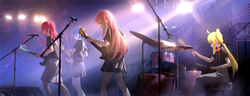 4girls absurdres ahoge alisi bangs black_shirt blonde_hair blue_eyes blue_hair blue_skirt bocchi_the_rock! bow bowtie chain-link_fence commentary drum drum_set drumsticks electric_guitar fence from_side gotou_hitori green_eyes grey_pants grey_shirt grey_skirt guitar highres holding holding_drumsticks holding_instrument ijichi_nijika incredibly_absurdres instrument kita_ikuyo layered_sleeves long_hair long_sleeves microphone microphone_stand multiple_girls music one_side_up pants pink_hair playing_instrument pleated_skirt red_bow red_bowtie red_eyes redhead shirt short_hair short_over_long_sleeves short_sleeves side_ponytail sidelocks skirt spotlight standing suspenders t-shirt yamada_ryou