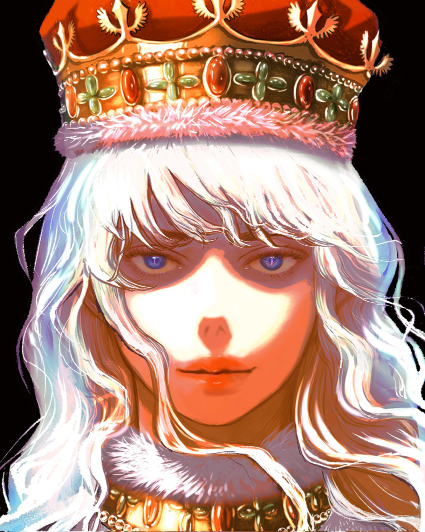 1boy androgynous bangs berserk black_background blue_eyes close-up closed_mouth crown curly_hair dark_background griffith_(berserk) highres long_hair looking_at_viewer male_focus nisino2222 shaded_face slit_pupils solo wavy_hair white_hair