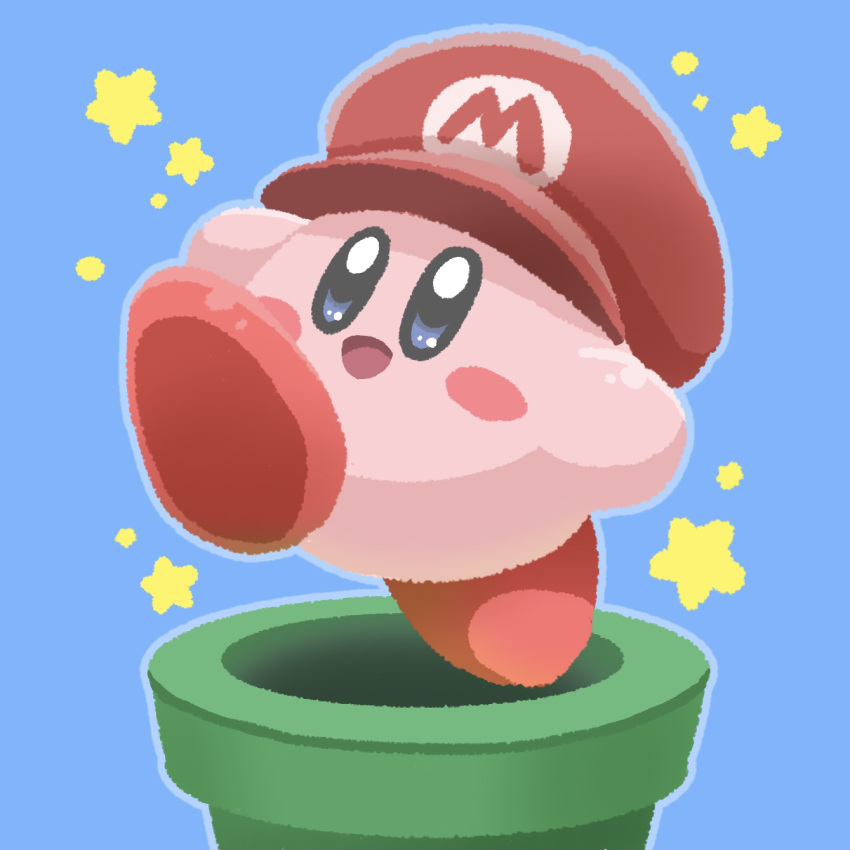 :d aruco_co blue_background blue_eyes blue_outline blush blush_stickers commentary_request full_body hat highres kirby kirby_(series) looking_at_viewer no_humans open_mouth outline partial_commentary red_headwear simple_background smile solo star_(symbol) super_mario_bros. warp_pipe
