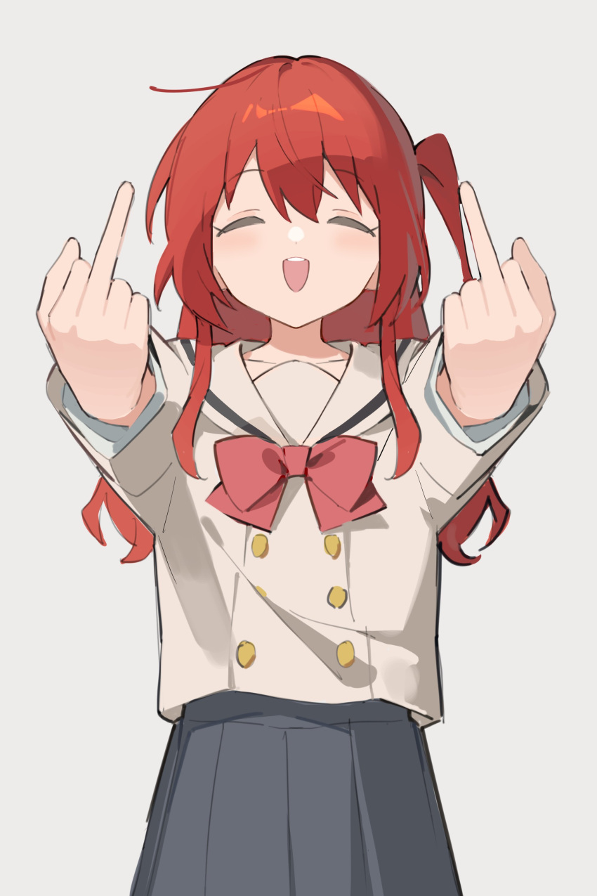1girl absurdres bangs black_skirt bocchi_the_rock! bow closed_eyes double_middle_finger fei_(songyijie) grey_background hair_between_eyes highres kita_ikuyo long_hair long_sleeves middle_finger one_side_up open_mouth pleated_skirt red_bow redhead sailor_collar school_uniform shuka_high_school_uniform simple_background skirt solo white_sailor_collar