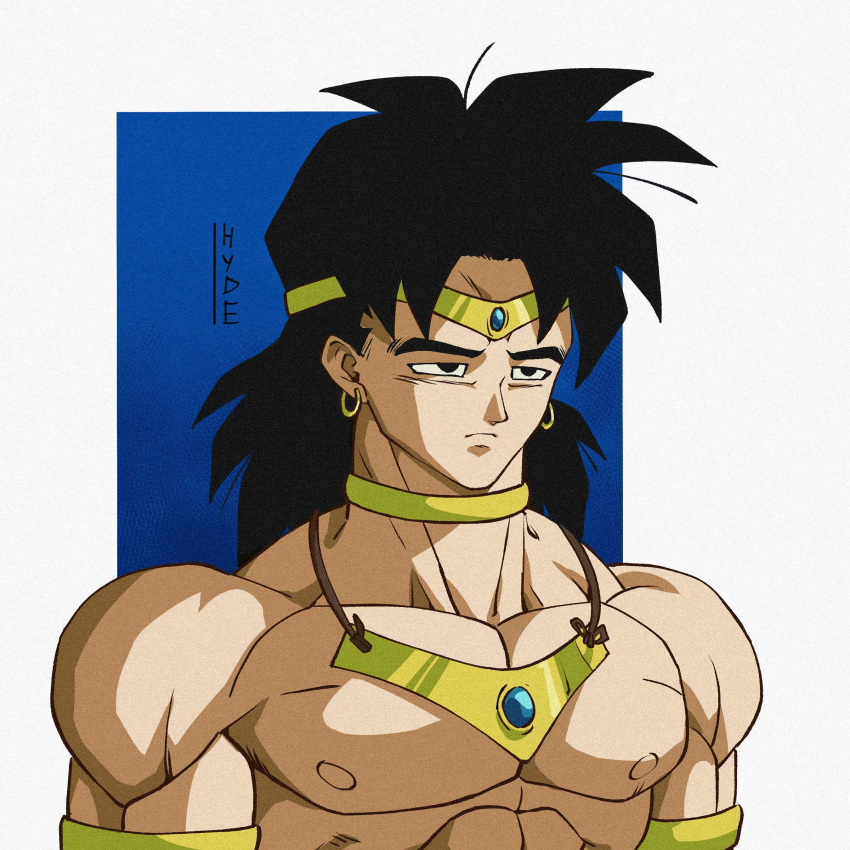 1990s_(style) 1boy absurdres armlet black_hair broly_(dragon_ball_z) choker closed_mouth dragon_ball dragon_ball_z earrings half-closed_eyes highres hydeover9000 jewelry male_focus muscular muscular_male necklace retro_artstyle solo tiara upper_body