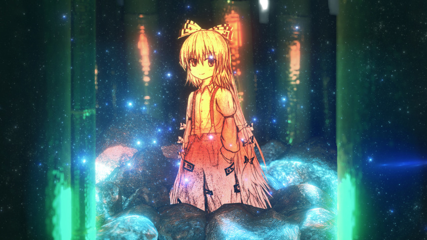 1girl 3d 3d_background bamboo bamboo_forest blender_(medium) bow buttons ewio2 forest fujiwara_no_mokou hair_between_eyes hair_bow hand_in_pocket highres light_particles long_hair multiple_hair_bows nature ofuda ofuda_on_clothes pants photoshop_(medium) rock shirt smile solo suspenders touhou very_long_hair white_shirt