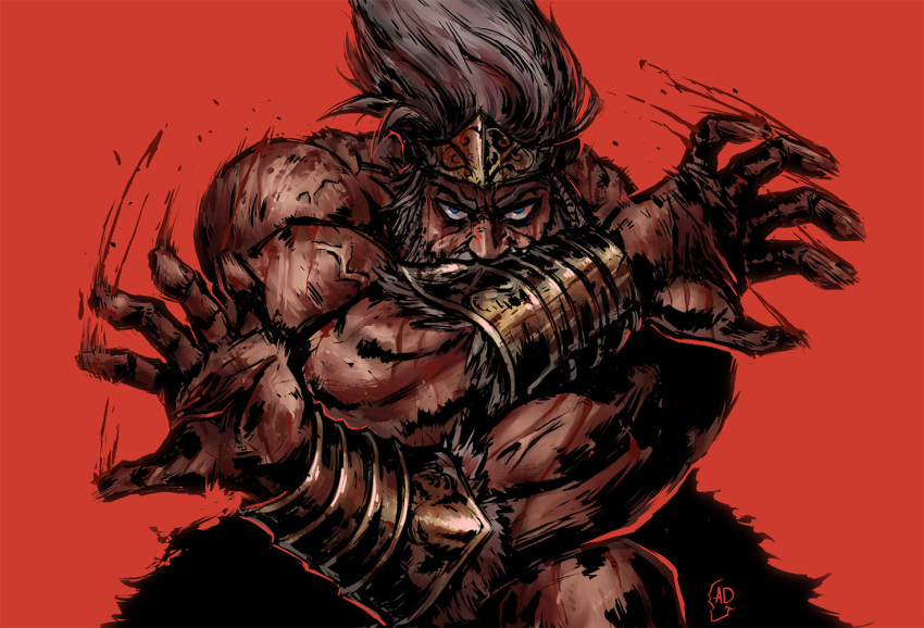 1boy adepietro attack battle beard blood blood_on_hands crossed_arms elden_ring facial_hair fantasy fighting fighting_stance gauntlets hoarah_loux lineart long_beard no_armor serious solo topless_male white_hair wrist_cuffs
