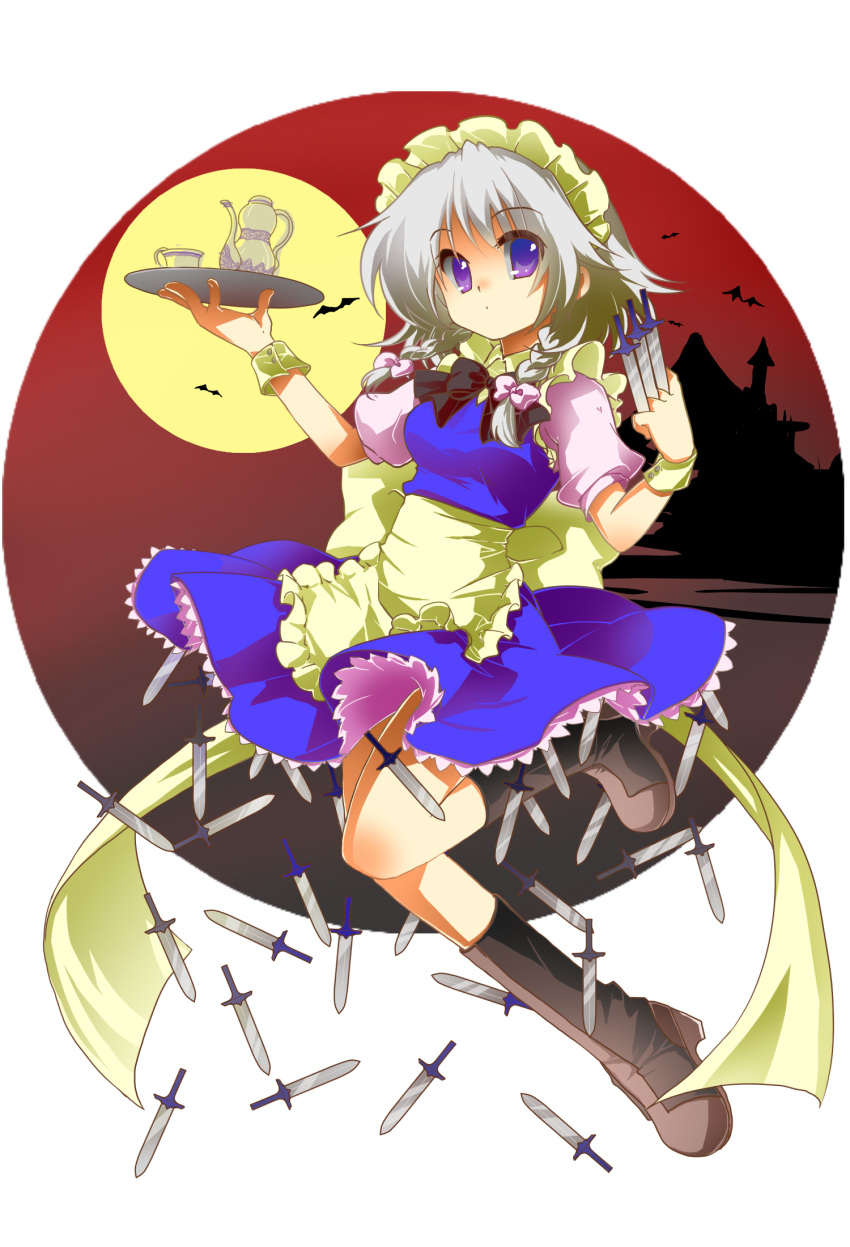 1girl apron back_bow bangs between_fingers black_bow black_bowtie blue_dress boots bow bowtie braid breasts brown_footwear closed_mouth commentary_request cup dress expressionless frilled_dress frills full_body full_moon grey_hair hair_bow highres holding holding_tray iwaserie izayoi_sakuya knife large_bow long_hair looking_at_viewer maid maid_headdress medium_breasts moon pink_bow puffy_short_sleeves puffy_sleeves short_sleeves sleeveless sleeveless_dress solo teacup teapot throwing_knife touhou tray twin_braids violet_eyes waist_apron weapon white_apron white_bow