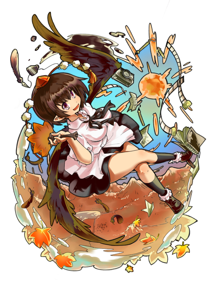 1girl absurdres bangs bird_wings black_ribbon black_skirt black_socks breasts brown_footwear brown_hair brown_wings calligraphy_brush camera collared_shirt commentary_request film_reel flying full_body geta hat hauchiwa highres inkwell iwaserie looking_at_viewer medium_breasts notebook open_mouth paintbrush pen pointy_ears pom_pom_(clothes) quill red_headwear ribbon shameimaru_aya shirt shoes short_hair short_sleeves skirt smile socks solo tengu-geta tokin_hat touhou violet_eyes white_shirt wings
