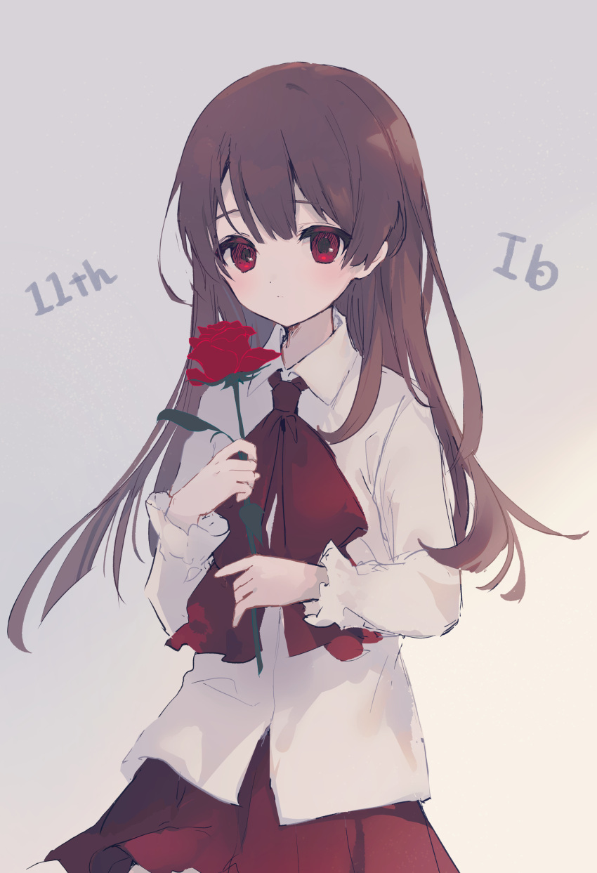 1girl absurdres bangs bow brown_hair character_name closed_mouth collared_shirt commentary_request copyright_name dress_shirt eyebrows_hidden_by_hair flower grey_background highres holding holding_flower ib ib_(ib) long_hair long_sleeves looking_at_viewer pleated_skirt red_bow red_eyes red_flower red_rose red_skirt rose shirt skirt solo suzumori_uina very_long_hair white_shirt