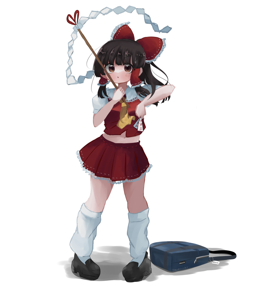 1girl absurdres ascot bag bangs black_hair blunt_bangs blush bow brown_eyes full_body gohei hair_bow hair_tubes hakurei_reimu highres holding holding_stick inushichi looking_at_viewer ofuda parted_lips pigeon-toed red_bow school_bag shoes shoulder_bag simple_background skirt solo standing stick touhou v-shaped_eyebrows white_background
