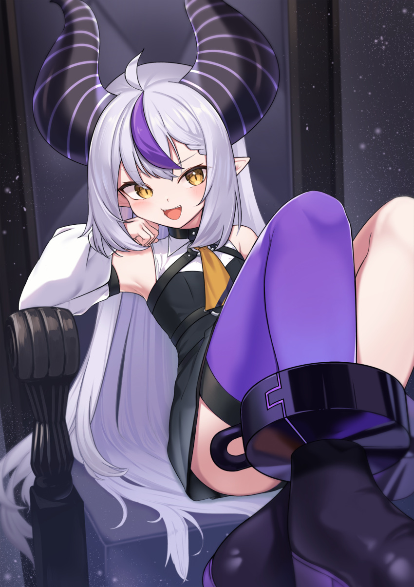 1girl ahoge ankle_cuffs ascot asymmetrical_legwear bare_shoulders boots cuffs demon_girl detached_sleeves grey_hair high_heel_boots high_heels highres hololive horns la+_darknesss long_hair mismatched_legwear multicolored_hair nanana_narang neckerchief open_mouth pointy_ears purple_hair purple_thighhighs single_thighhigh sleeveless slit_pupils solo streaked_hair thigh-highs very_long_hair virtual_youtuber yellow_ascot yellow_eyes