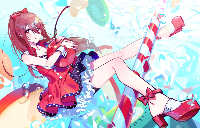 1girl brown_eyes brown_hair commentary_request dress food fruit high_heels high_ponytail highres idolmaster idolmaster_shiny_colors layered_skirt long_hair looking_at_viewer osaki_tenka oversized_food red_dress red_nails short_dress skirt solo underwater yuura