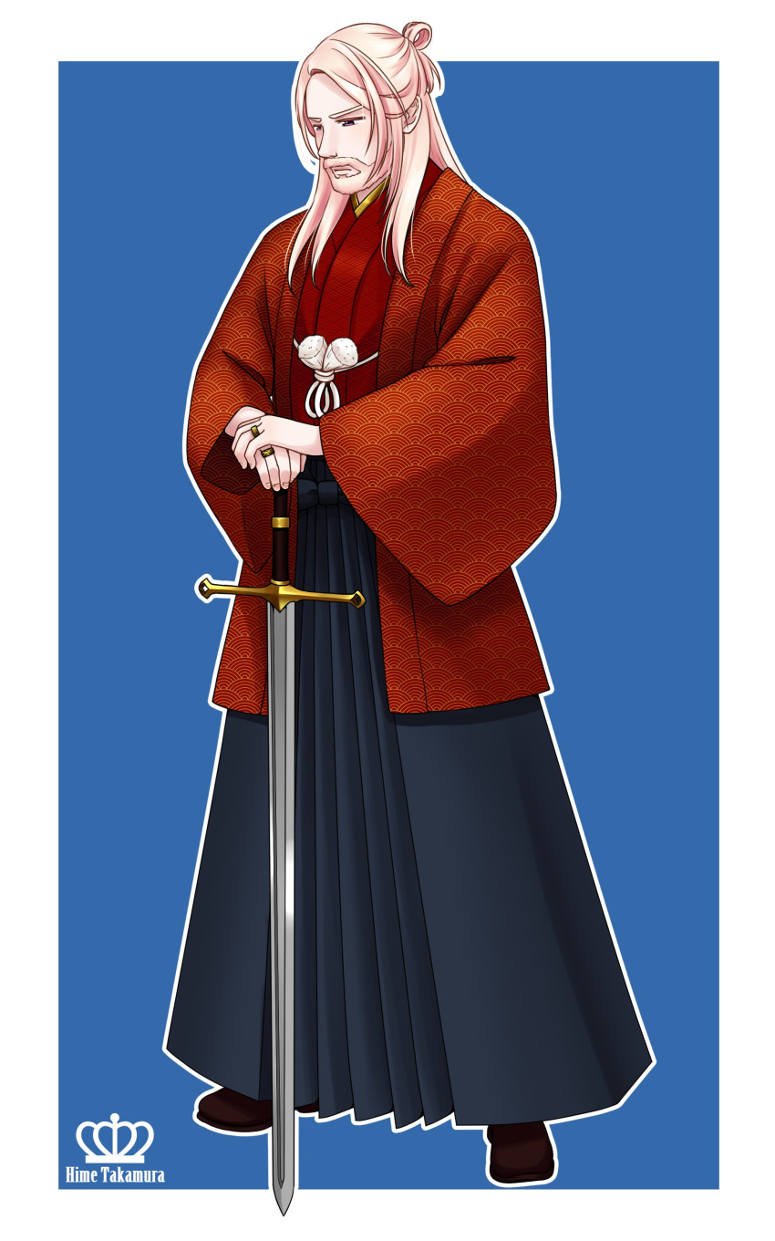 1boy absurdres artist_name beard black_footwear black_hakama blonde_hair border closed_mouth commentary english_commentary facial_hair full_body hakama hand_on_hilt haori highres hime_takamura japanese_clothes jewelry kayldrin_teravathinia legs_apart long_hair long_sleeves long_sword male_focus original ring short_ponytail solo standing unsheathed violet_eyes watermark white_border wide_sleeves