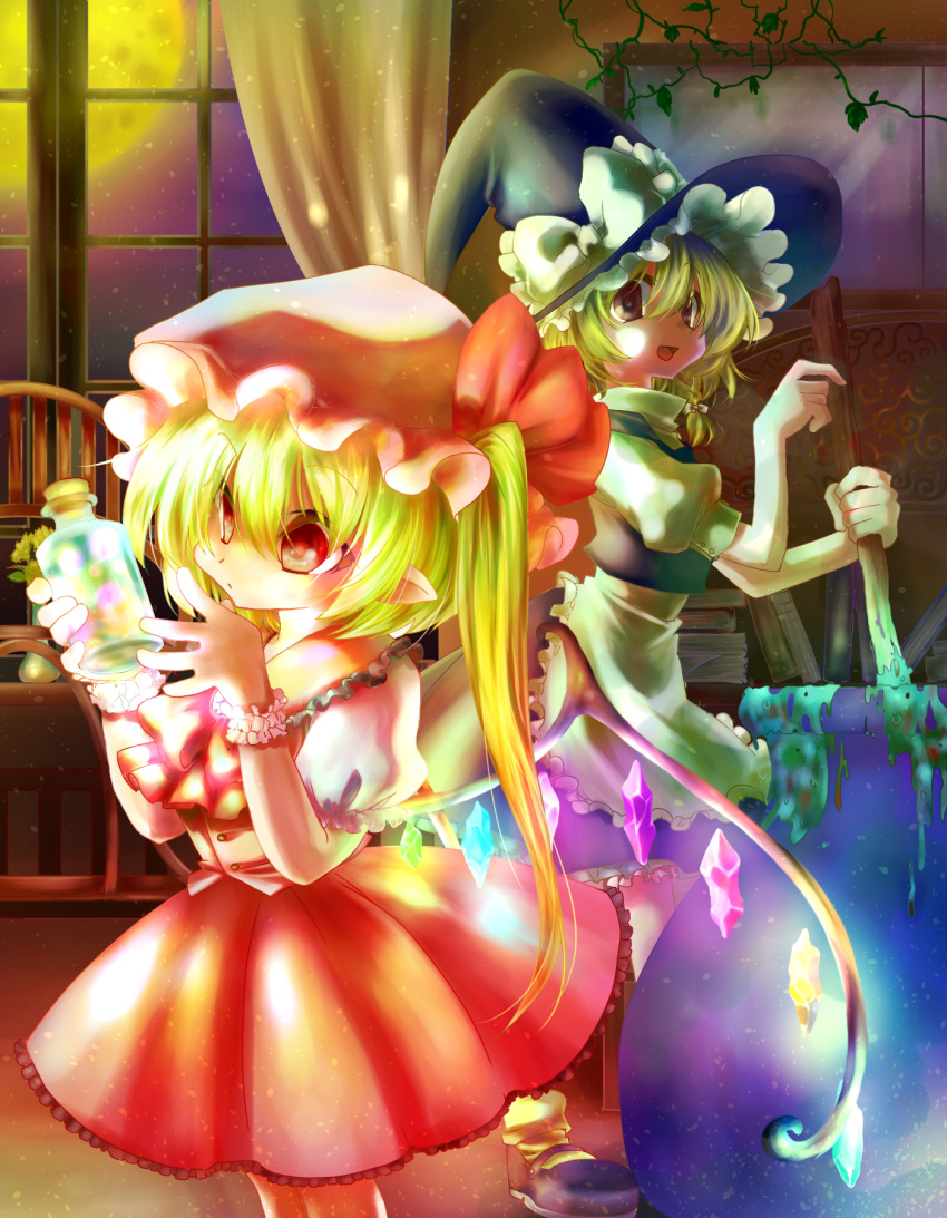 2girls apron ascot bangs black_headwear black_skirt black_vest blonde_hair bottle braid brown_eyes buttons cauldron chair closed_mouth collared_shirt cowboy_shot crystal expressionless flandre_scarlet flat_chest frilled_apron frilled_shirt_collar frilled_skirt frilled_sleeves frills full_moon hair_between_eyes hat hat_ribbon highres holding holding_bottle indoors iwaserie kirisame_marisa long_hair looking_at_another mob_cap moon multiple_girls night one_side_up open_mouth plant pointy_ears puffy_short_sleeves puffy_sleeves purple_sky red_ascot red_eyes red_ribbon red_skirt red_vest ribbon shirt short_hair short_sleeves single_braid skirt skirt_set smile touhou vase vest vines waist_apron white_apron white_headwear white_shirt window wings witch_hat wrist_cuffs