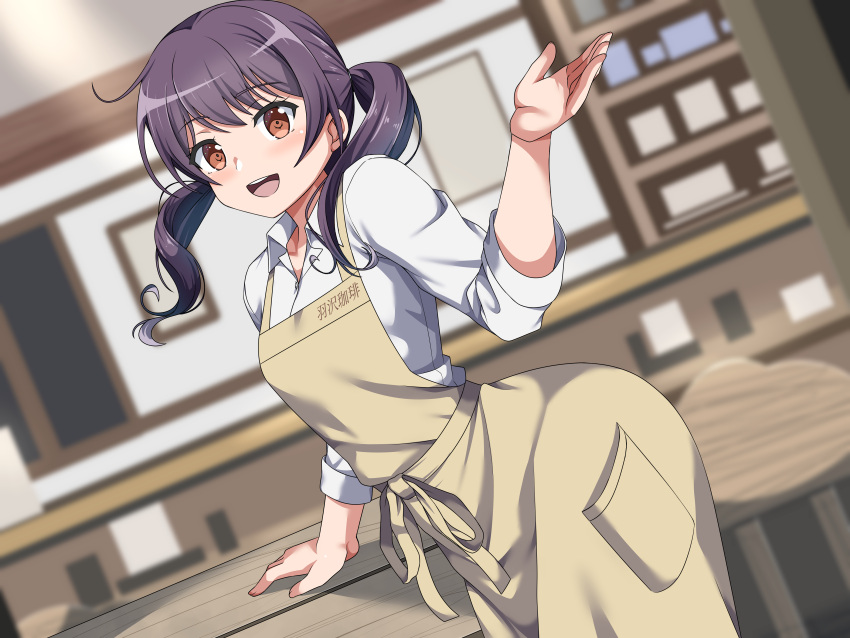 1girl :d absurdres apron bang_dream! bangs blurry blurry_background blush brown_apron brown_eyes cafe clothes_writing collared_shirt commentary_request counter cowboy_shot dutch_angle from_side futaba_tsukushi hand_on_table hand_up highres indoors karakuri_musha long_hair looking_at_viewer looking_to_the_side low_twintails open_mouth pocket purple_hair shelf shirt smile solo standing table teeth twintails upper_teeth_only waitress white_shirt