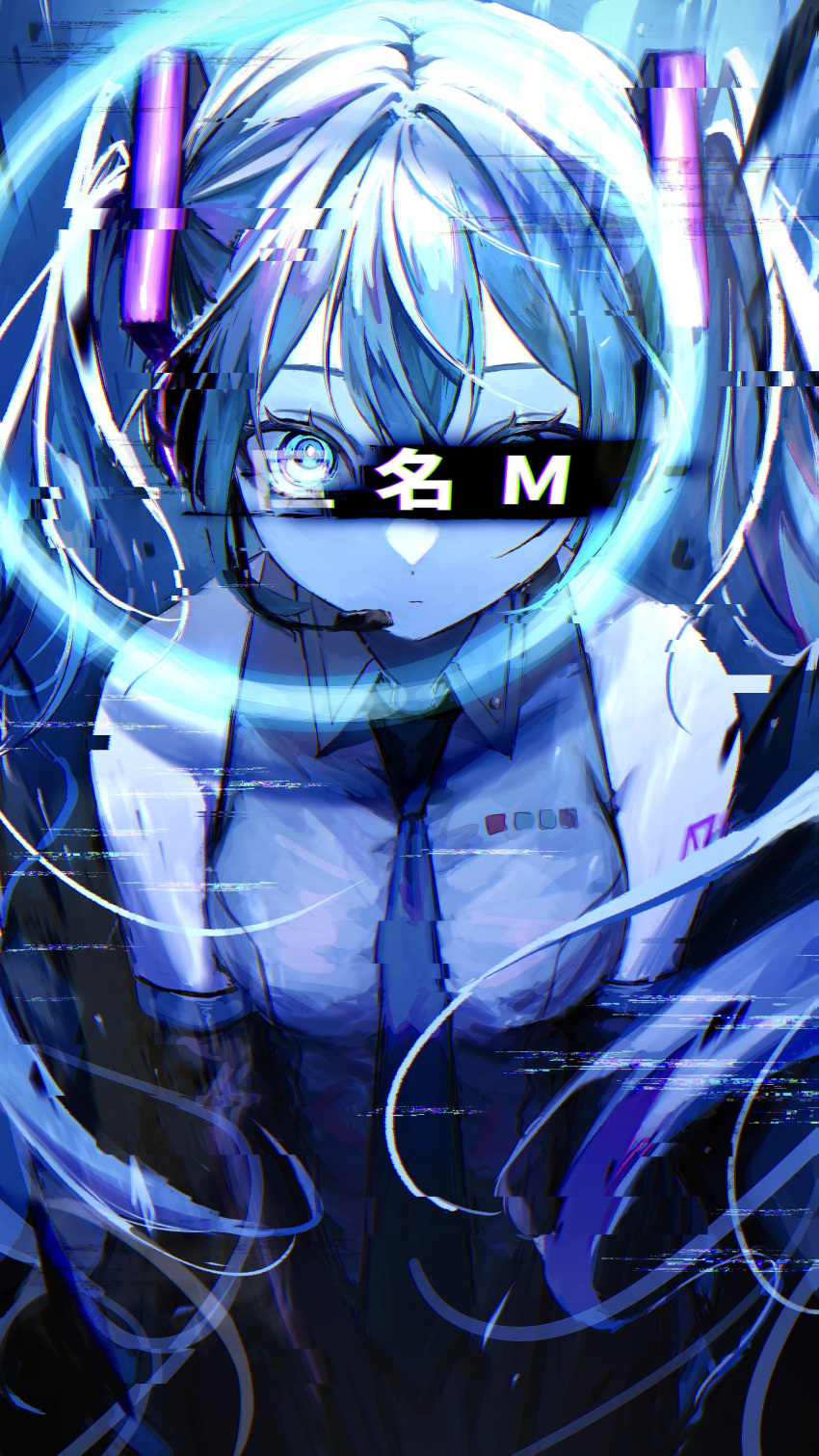 1girl absurdres aqua_eyes aqua_hair arm_tattoo bangs bar_censor bare_shoulders censored closed_mouth collared_shirt crossed_bangs detached_sleeves dot_nose expressionless from_above glitch glowing glowing_eye hair_between_eyes hair_ornament hatsune_miku hatsune_miku_(vocaloid4) headphones highres identity_censor long_hair looking_at_viewer looking_up microphone necktie number_tattoo one_eye_covered shiota_shake shirt sleeveless sleeveless_shirt solo song_name tattoo tokumei_m_(vocaloid) twintails upper_body vocaloid