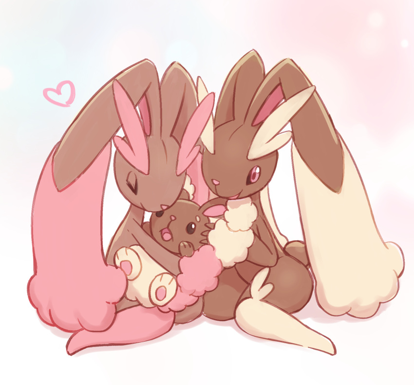 1other 2girls alternate_color animal_ears animal_feet animal_nose black_eyes body_fur brown_fur child closed_eyes closed_mouth commentary full_body furry furry_female hand_up happy heart highres holding holding_pokemon hug looking_at_another looking_up lopunny multiple_girls open_mouth pawpads pink_eyes pink_fur pokemon pokemon_(creature) rabbit_ears rabbit_girl rabbit_tail shiny_pokemon shiwashiwa_no_kinchakubukuru simple_background sitting smile tail two-tone_background two-tone_fur wariza yellow_fur