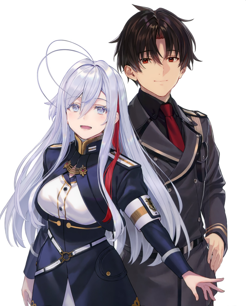 1boy 1girl 86_-eightysix- :d absurdres antenna_hair armband black_hair black_shirt blue_eyes closed_mouth coat collared_shirt dress_shirt floating_hair grey_coat hair_between_eyes hair_intakes hand_on_hip highres long_hair long_sleeves looking_at_viewer military military_uniform multicolored_hair necktie open_mouth red_eyes red_necktie redhead shinei_nouzen shirt short_hair shrug_(clothing) smile standing streaked_hair underbust uniform vladilena_millize white_background white_hair white_shirt wing_collar