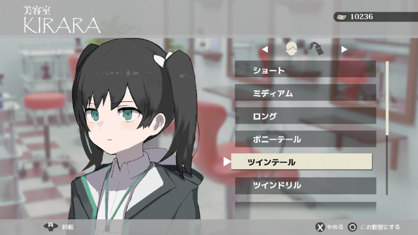 1girl alternate_hairstyle black_hair bow button_prompt fake_screenshot gameplay_mechanics hair_bow hair_salon highres hood hooded_coat hooded_jacket jacket lanyard lost_property_control_organization_(samidare) menu options protagonist_(lost_property_control_organization) samidare_(hoshi) translated twintails user_interface white_bow