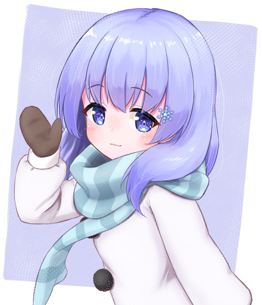 1girl absurdres arm_at_side arm_up bangs blue_background blue_eyes blue_hair blue_scarf blush border brown_gloves closed_mouth coat commentary_request female_child flat_chest from_side gloves hair_ornament happy highres long_hair long_sleeves looking_at_viewer mittens nijisanji outside_border pom_pom_(clothes) scarf sidelocks simple_background smile snowflake_hair_ornament solo striped striped_scarf upper_body urabe_miyabi virtual_youtuber waving white_border white_coat winter_clothes yuuki_chihiro