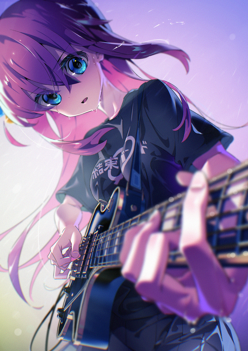 1girl absurdres bangs blue_eyes blue_skirt blurry blurry_foreground bocchi_the_rock! breasts clothes_writing crossed_bangs gotou_hitori guitar hair_between_eyes hair_ornament head_tilt highres holding holding_instrument holding_plectrum instrument long_hair looking_at_viewer open_mouth otokoe pink_hair plectrum short_sleeves skirt small_breasts solo standing sweat upper_body