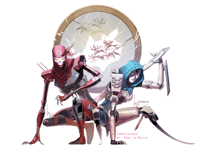 1boy 1girl 2022 android animal_on_shoulder apex_legends ash_(titanfall_2) bandana black_sclera colored_sclera commission english_commentary glowing glowing_eyes highres holding holding_sword holding_weapon hood hood_up humanoid_robot looking_at_viewer mouse orange_eyes red_bandana red_scarf revenant_(apex_legends) robot scarf signature simulacrum_(titanfall) squatting sword twitter_username vontvirus weapon weapon_on_back