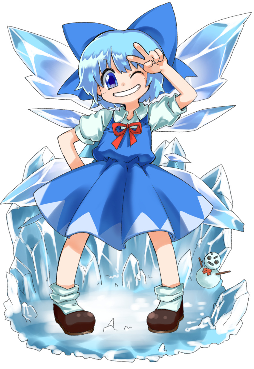 1girl absurdres bangs blue_bow blue_dress blue_eyes blue_hair bow brown_footwear cirno collared_shirt commentary_request dress flat_chest full_body grin hair_bow highres ice ice_wings iwaserie looking_at_viewer neck_ribbon one_eye_closed pigeon-toed pinafore_dress red_ribbon ribbon shirt shoes short_hair smile snowman socks solo touhou v white_background white_shirt white_socks wings