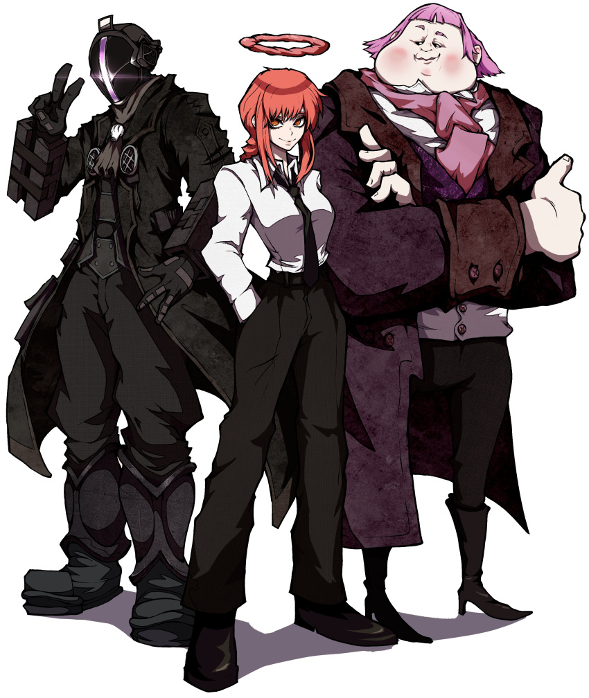 1girl 2boys absurdres big_jack_horner black_coat black_gloves black_necktie black_pants bondrewd boots breasts chainsaw_man coat covered_face crossed_arms crossover fat fat_man full_body gloves halo helm helmet highres kekel long_sleeves made_in_abyss makima_(chainsaw_man) multiple_boys multiple_crossover necktie pants pink_hair puss_in_boots puss_in_boots:_the_last_wish redhead shirt simple_background standing v w white_background white_shirt