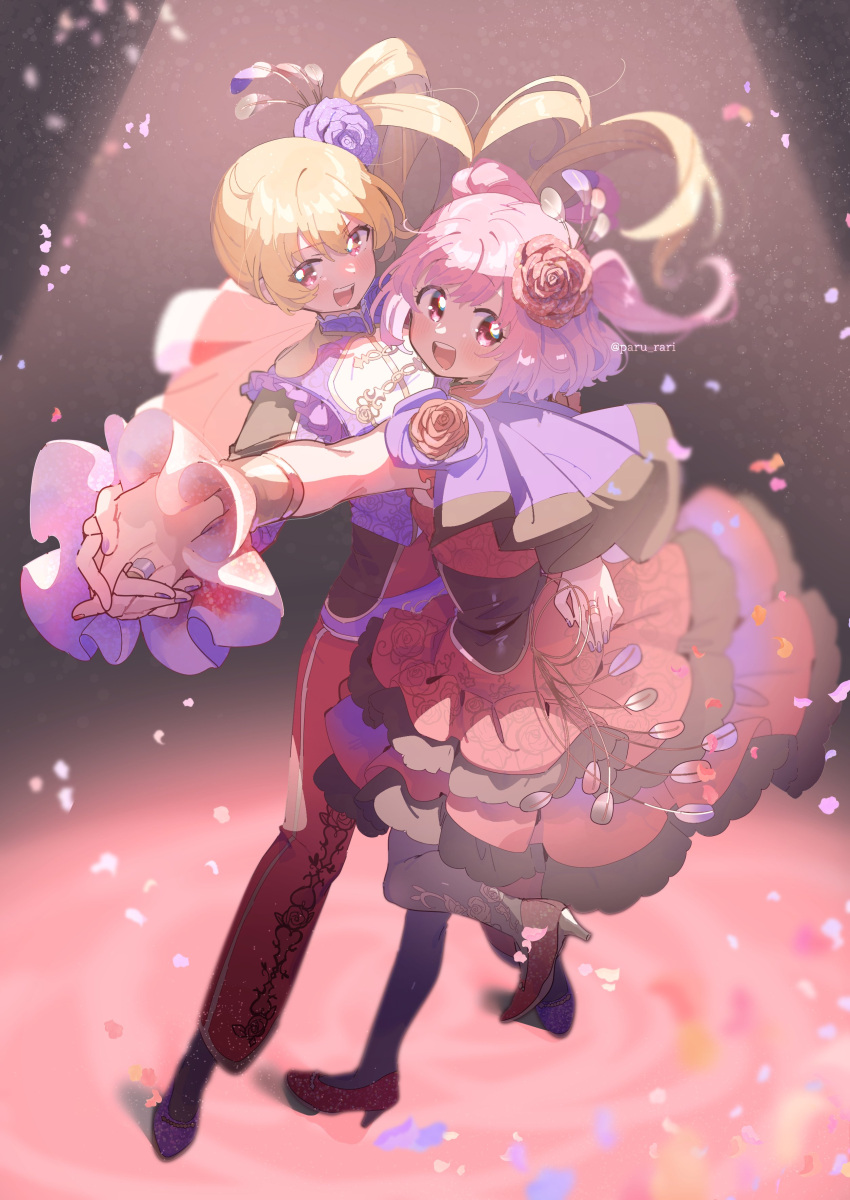 2girls :d absurdres alternate_costume bangs blonde_hair blush brown_background capelet dancing dress flats flower frilled_dress frills hair_flower hair_ornament hand_on_another's_waist high_heels highres holding_hands jewelry layered_dress leg_up long_hair long_sleeves looking_at_viewer magia_record:_mahou_shoujo_madoka_magica_gaiden mahou_shoujo_madoka_magica makino_ikumi midori_ryou multiple_girls open_mouth pants pantyhose paru_rari pink_flower pink_hair pink_nails pink_rose print_pants purple_capelet purple_flower purple_footwear purple_nails purple_pantyhose purple_rose red_dress red_eyes red_footwear red_pants red_shirt ring rose shirt shoes short_hair short_sleeves side_ponytail sidelocks smile spotlight standing swept_bangs teeth twitter_username two_side_up upper_teeth_only very_long_hair wavy_hair wrist_cuffs