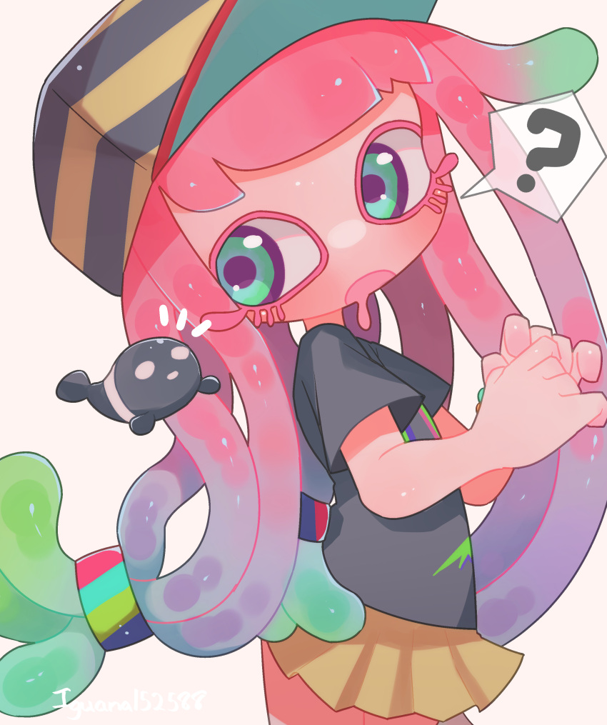 1girl absurdres bracelet clownfish colored_eyelashes fish green_eyes green_hair harmony's_clownfish_(splatoon) harmony_(splatoon) hat highres iguana1525881 jewelry multicolored_eyes multicolored_hair pink_hair shirt skirt splatoon_(series) splatoon_1 splatoon_3 tentacle_hair tropical_fish twintails two-tone_hair violet_eyes yellow_skirt