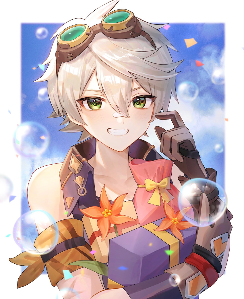1boy arm_scarf bandaid bandaid_on_face bandaid_on_nose bangs bare_shoulders bennett_(genshin_impact) blue_sky blush border bow box brown_gloves bubble clouds collarbone collared_shirt commentary_request day flower genshin_impact gift gift_box gloves goggles goggles_on_head green_eyes grin hair_between_eyes highres holding holding_gift looking_at_viewer male_focus orange_flower outside_border sasu_(arigatosasu) shirt short_hair sky sleeveless sleeveless_shirt smile solo teeth upper_body white_border white_hair windwheel_aster_(genshin_impact) wing_collar yellow_bow