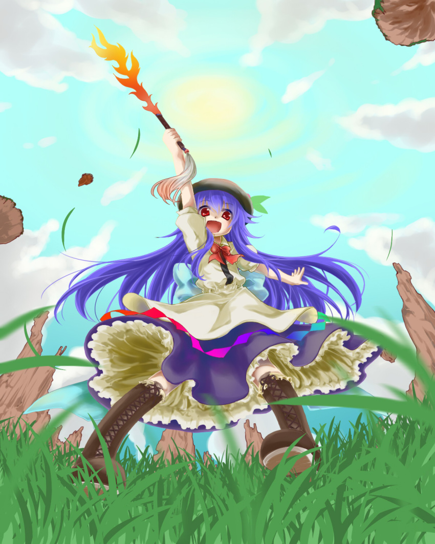 1girl :d arm_up bangs black_headwear blue_hair blue_sky boots bow bowtie brown_footwear clouds commentary_request cross-laced_footwear flat_chest from_below full_body grass highres hinanawi_tenshi holding holding_sword holding_weapon iwaserie leaf long_hair looking_at_viewer open_mouth outdoors petticoat puffy_short_sleeves puffy_sleeves purple_skirt rainbow_gradient red_bow red_bowtie red_eyes rock shirt short_sleeves skirt sky smile solo sun sword sword_of_hisou touhou very_long_hair weapon white_shirt