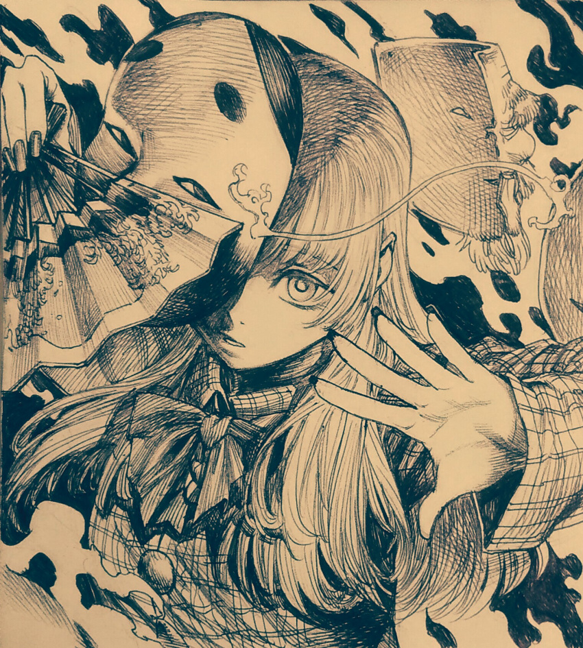 1girl bangs collared_shirt fire greyscale hand_fan hata_no_kokoro highres holding holding_fan long_hair looking_at_viewer monochrome noh_mask one_eye_covered parted_lips sendai_(nazonomono) shirt solo touhou traditional_media upper_body