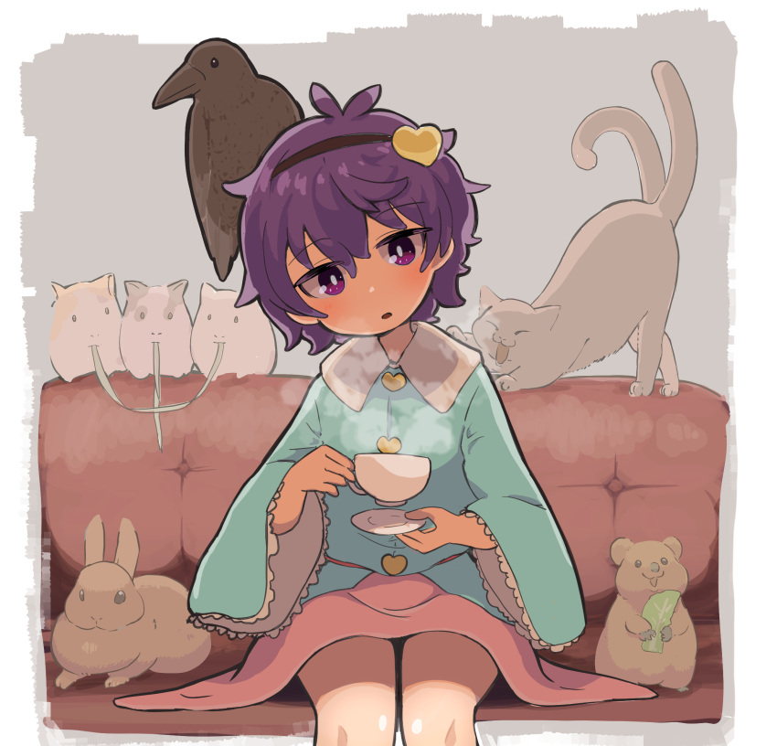 1girl animal animal_on_head blouse blue_shirt cat couch cup eating frilled_shirt_collar frilled_sleeves frills hairband heart highres kaenbyou_rin kaenbyou_rin_(cat) komeiji_satori kyoukei_usagi lettuce long_skirt long_sleeves looking_at_viewer multiple_tails on_head pink_skirt purple_hair rabbit reiuji_utsuho reiuji_utsuho_(bird) ribbon_trim shirt short_hair sitting skirt tail teacup touhou two_tails violet_eyes wide_sleeves