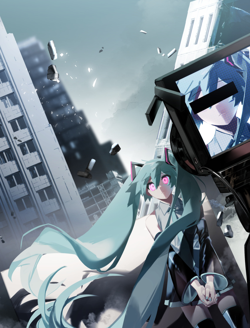 1girl absurdres alternate_eye_color aqua_hair aqua_nails aqua_necktie bangs bar_censor bare_shoulders black_skirt black_sleeves black_thighhighs blurry blurry_background building censored city collapsing collared_shirt detached_sleeves dutch_angle expressionless floating_hair glowing glowing_eyes grey_shirt hatsune_miku highres identity_censor light_frown long_hair looking_ahead multiple_views necktie outdoors overcast own_hands_clasped own_hands_together pink_eyes pleated_skirt ringed_eyes rubble screen shadow shirt skirt skyscraper sleeveless sleeveless_shirt thigh-highs tokumei_m_(vocaloid) twintails very_long_hair video_camera vocaloid wankyuu