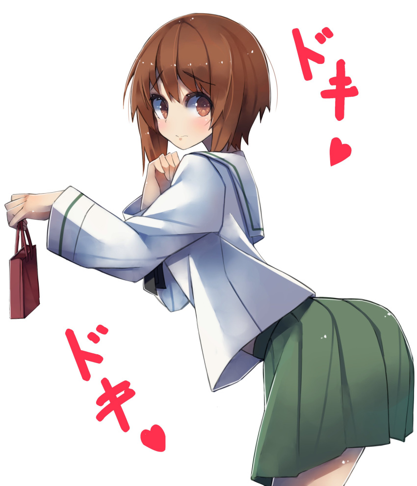 1girl absurdres bangs black_neckerchief blouse blush brown_eyes brown_hair closed_mouth commentary from_side frown gift gift_bag girls_und_panzer green_skirt heart heartbeat highres holding holding_gift leaning_forward looking_at_viewer midriff_peek miniskirt neckerchief nishizumi_miho ooarai_school_uniform pleated_skirt sailor_collar sattinittas school_uniform shirt short_hair simple_background skirt solo standing translated valentine white_background white_sailor_collar white_shirt