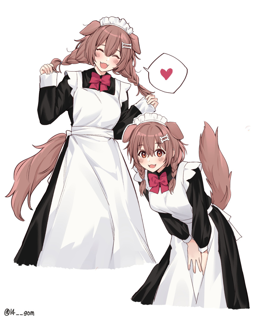 14_(vision5032) 1girl absurdres alternate_costume animal_ears apron black_dress bone_hair_ornament braid brown_eyes brown_hair commentary dog_ears dog_girl dog_tail dress enmaided fangs feet_out_of_frame full_body hair_ornament heart highres hololive inugami_korone leaning_forward long_dress long_sleeves maid maid_apron maid_headdress multiple_views neck_ribbon open_mouth red_ribbon ribbon shoes smile socks spoken_heart standing tail twin_braids twintails virtual_youtuber white_apron