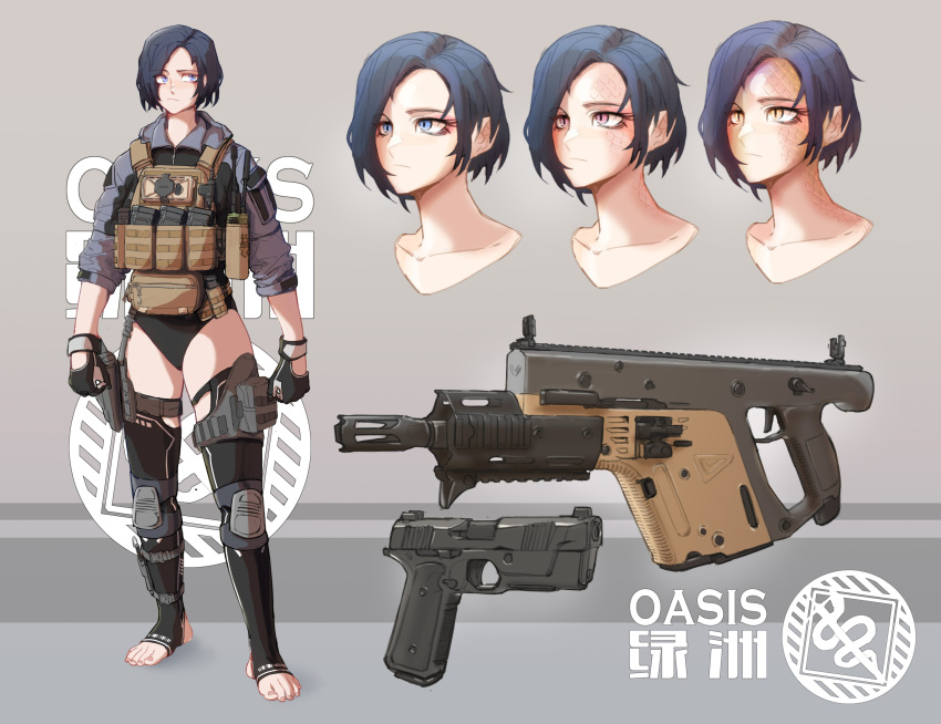 1girl absurdres bangs black_gloves black_panties black_thighhighs blue_eyes blue_hair bulletproof_vest closed_mouth collar collarbone english_commentary full_body gloves grey_background grey_jacket gun handgun highres jacket knee_pads kriss_vector long_sleeves magazine_(weapon) military multiple_views original panties short_hair stirrup_legwear submachine_gun thigh-highs toeless_legwear toes underwear weapon xrnl2018