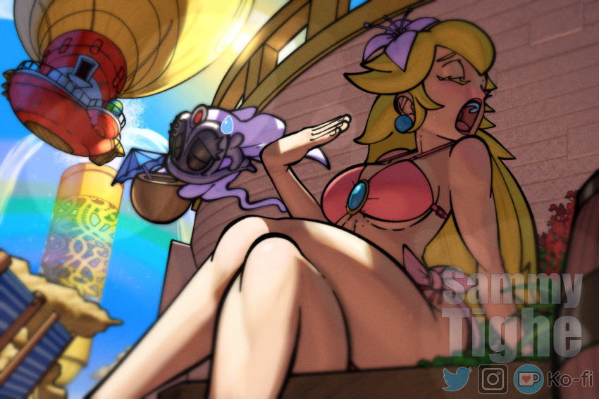 aircraft airship artist_name barrel beach beach_chair bench bikini blonde_hair blue_sky breasts brooch closed_eyes cocktail_umbrella coconut crossed_legs earrings fanning_self flower highres hot_air_balloon instagram_logo jewelry ko-fi_logo large_breasts long_hair open_mouth pink_bikini pink_sarong princess_peach sammytighe sarong sky super_mario_bros. super_mario_odyssey sweat swimsuit tiara_(mario) twitter_logo watermark