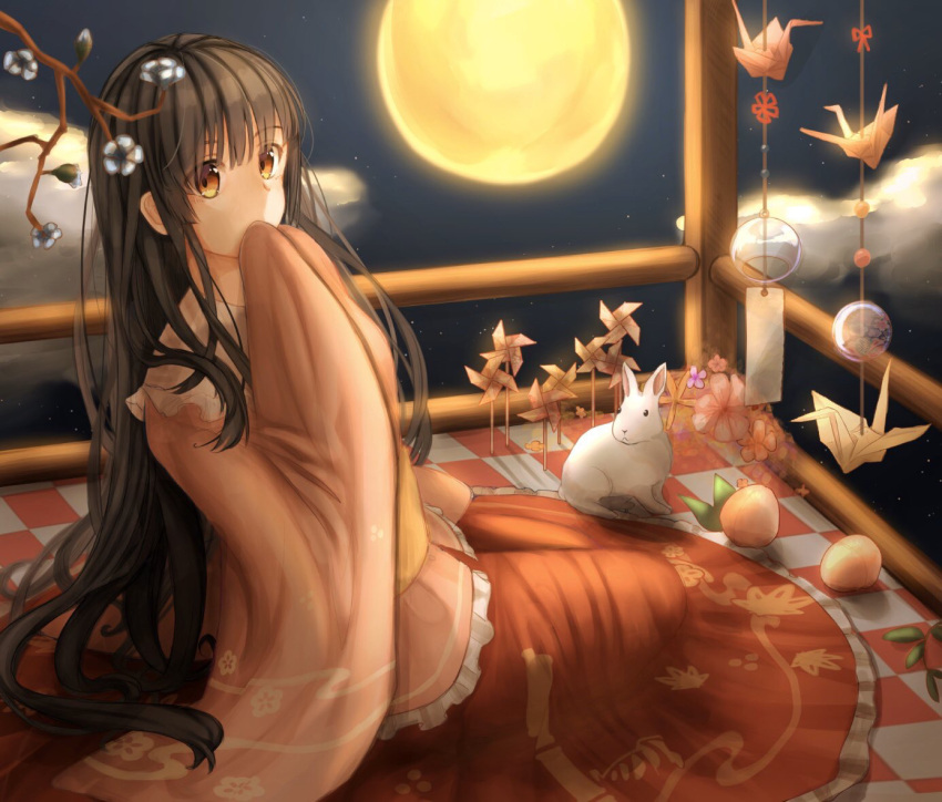 1girl bangs black_hair black_sky blunt_bangs bo_cota brown_eyes collared_shirt commentary_request covering_mouth floral_print food frilled_shirt frilled_skirt frills fruit full_body full_moon hime_cut houraisan_kaguya long_hair long_skirt looking_at_viewer moon night origami paper_crane peach pink_shirt pinwheel rabbit red_skirt shirt sitting skirt sky sleeves_past_wrists solo star_(sky) starry_sky touhou very_long_hair wide_sleeves wind_chime