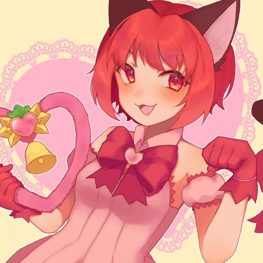 1girl :3 animal_ear_fluff animal_ears bangs bare_shoulders bell bob_cut bow bowtie breasts brooch cat_ears cat_girl cat_tail collared_dress commentary detached_sleeves dress english_commentary fangs gloves hands_up happy heart heart_background highres holding holding_heart jewelry looking_at_viewer mew_ichigo momomiya_ichigo narvi open_mouth outline paw_pose pink_background pink_dress pink_gemstone red_bow red_bowtie red_eyes red_gloves redhead short_hair short_sleeves sidelocks sleeveless sleeveless_dress small_breasts smile solo standing tail tokyo_mew_mew_new two-tone_background upper_body white_outline