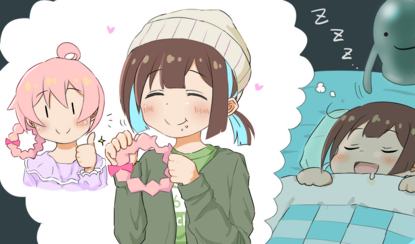 2girls :d :t ^_^ absurdres ahoge beanie blue_hair blush bow braid brown_hair closed_eyes commentary_request creature detached_hair doughnut dreaming drooling eating_hair food food_on_face futon hair_bow hat heart highres hozuki_momiji izanaminomickot looped_braids multicolored_hair multiple_girls onii-chan_wa_oshimai! open_mouth oyama_mahiro pink_bow pink_hair pon_de_ring short_hair short_ponytail sleeping smile split_mouth thumbs_up two-tone_hair under_covers zzz |_|