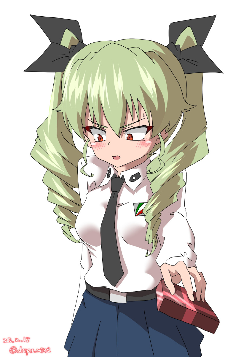 1girl absurdres anchovy_(girls_und_panzer) anzio_school_uniform bangs black_necktie black_ribbon blue_skirt blush cowboy_shot dated dress_shirt drill_hair drops_mint emblem frown gift girls_und_panzer giving green_hair hair_ribbon highres holding holding_gift long_hair long_sleeves looking_away miniskirt necktie open_mouth pleated_skirt red_eyes ribbon school_uniform shirt simple_background skirt solo standing sweatdrop tsundere twin_drills twintails valentine white_background white_shirt wing_collar