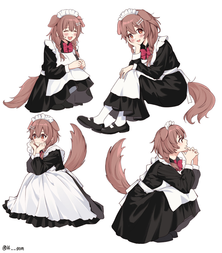 14_(vision5032) 1girl absurdres alternate_costume animal_ears apron black_dress black_footwear bone_hair_ornament braid brown_eyes brown_hair commentary dog_ears dog_girl dog_tail dress enmaided fangs full_body hair_ornament heart highres hololive inugami_korone long_dress long_sleeves maid maid_apron maid_headdress mary_janes multiple_views neck_ribbon open_mouth red_ribbon ribbon shoes sitting smile socks spoken_heart squatting tail twin_braids twintails virtual_youtuber white_apron white_socks