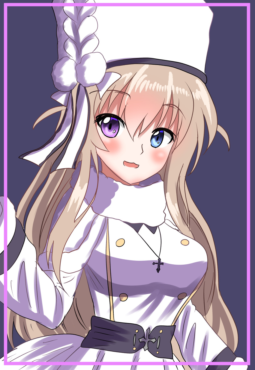 1girl absurdres azur_lane blonde_hair blue_eyes blush breasts coat cross cross_necklace dress fur-trimmed_dress fur_hat fur_trim hair_between_eyes hat heterochromia highres jewelry large_breasts long_hair murmansk_(azur_lane) necklace open_mouth papakha solo user_usws8478 violet_eyes white_coat white_headwear winter_clothes winter_coat