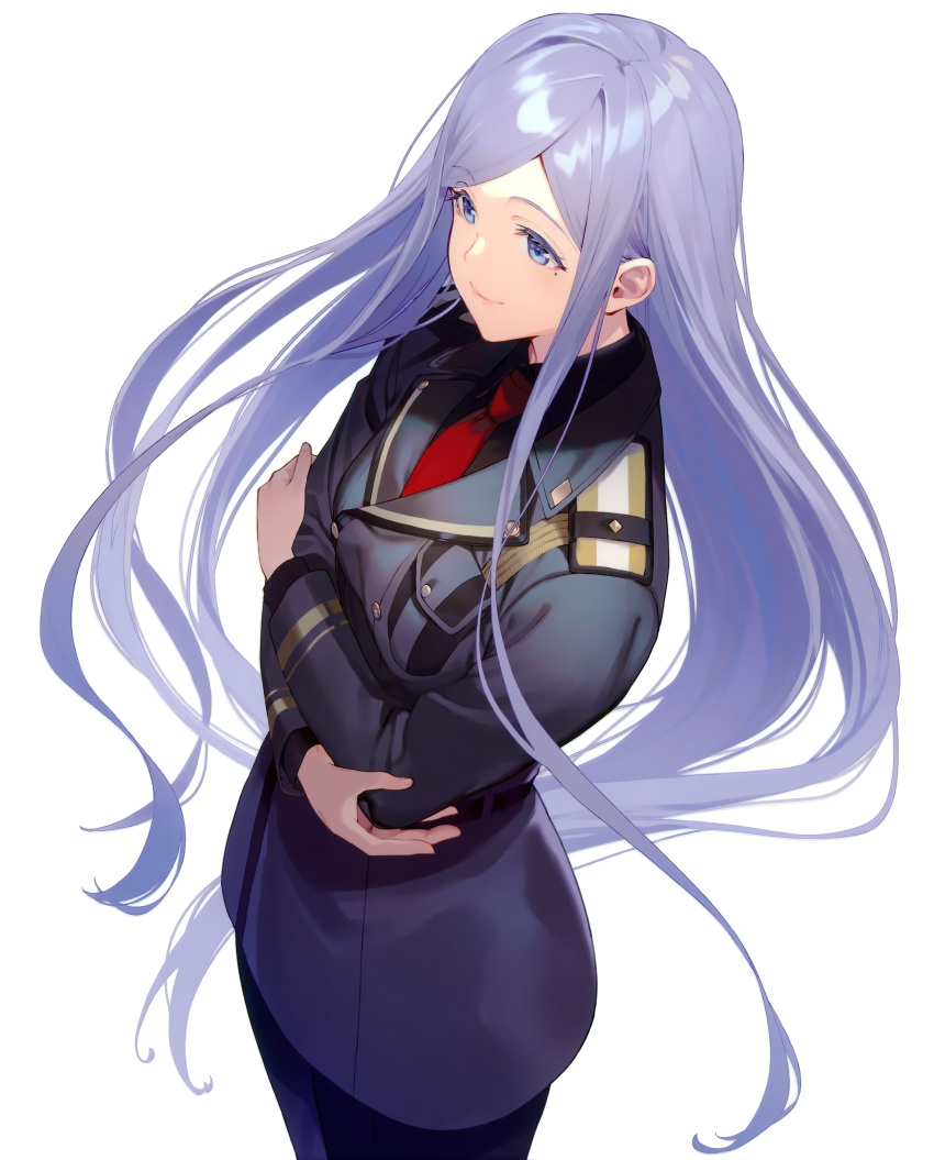 1girl 86_-eightysix- absurdres anju_emma bangs blue_eyes blue_hair closed_mouth collared_shirt cowboy_shot crossed_arms floating_hair grey_jacket grey_shirt highres jacket long_hair long_sleeves military military_uniform mole mole_under_eye necktie parted_bangs red_necktie shirt simple_background smile solo standing straight_hair uniform very_long_hair white_background wing_collar
