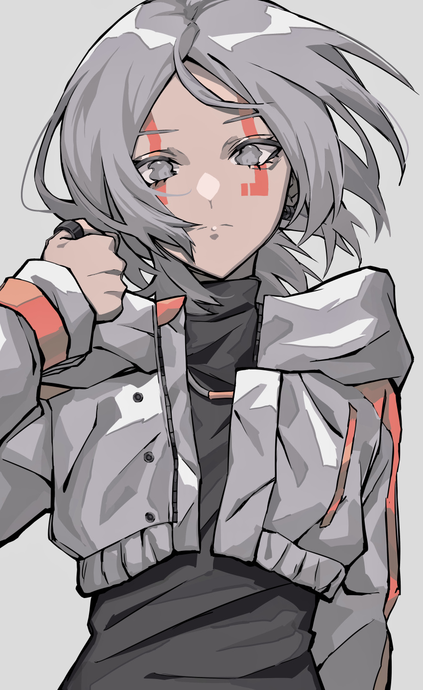 1girl absurdres arm_up bangs closed_mouth cropped_jacket dress expressionless facepaint floating_hair grey_background grey_dress grey_eyes grey_hair highres hood hooded_jacket jacket long_sleeves looking_at_viewer mujikuro original parted_bangs short_hair simple_background solo turtleneck upper_body wavy_eyes wind