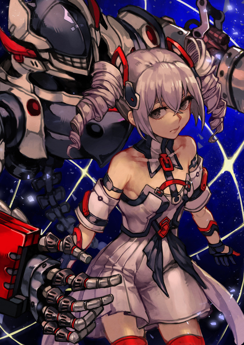 1girl absurdres bangs bare_shoulders black_gloves bronya_zaychik bronya_zaychik_(drive_kometa) closed_mouth dress drill_hair gloves grey_eyes grey_hair highres honkai_(series) honkai_impact_3rd kayaya_(kiryuushi) looking_at_viewer non-humanoid_robot project_bunny red_thighhighs robot solo thigh-highs twin_drills white_dress zettai_ryouiki