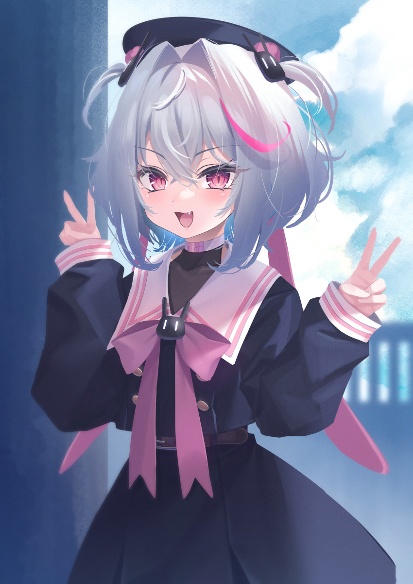 1girl :d absurdres belt blush buttons double-breasted double_v fang highres jingo looking_at_viewer open_mouth original school_uniform serafuku smile solo two_side_up v violet_eyes white_hair